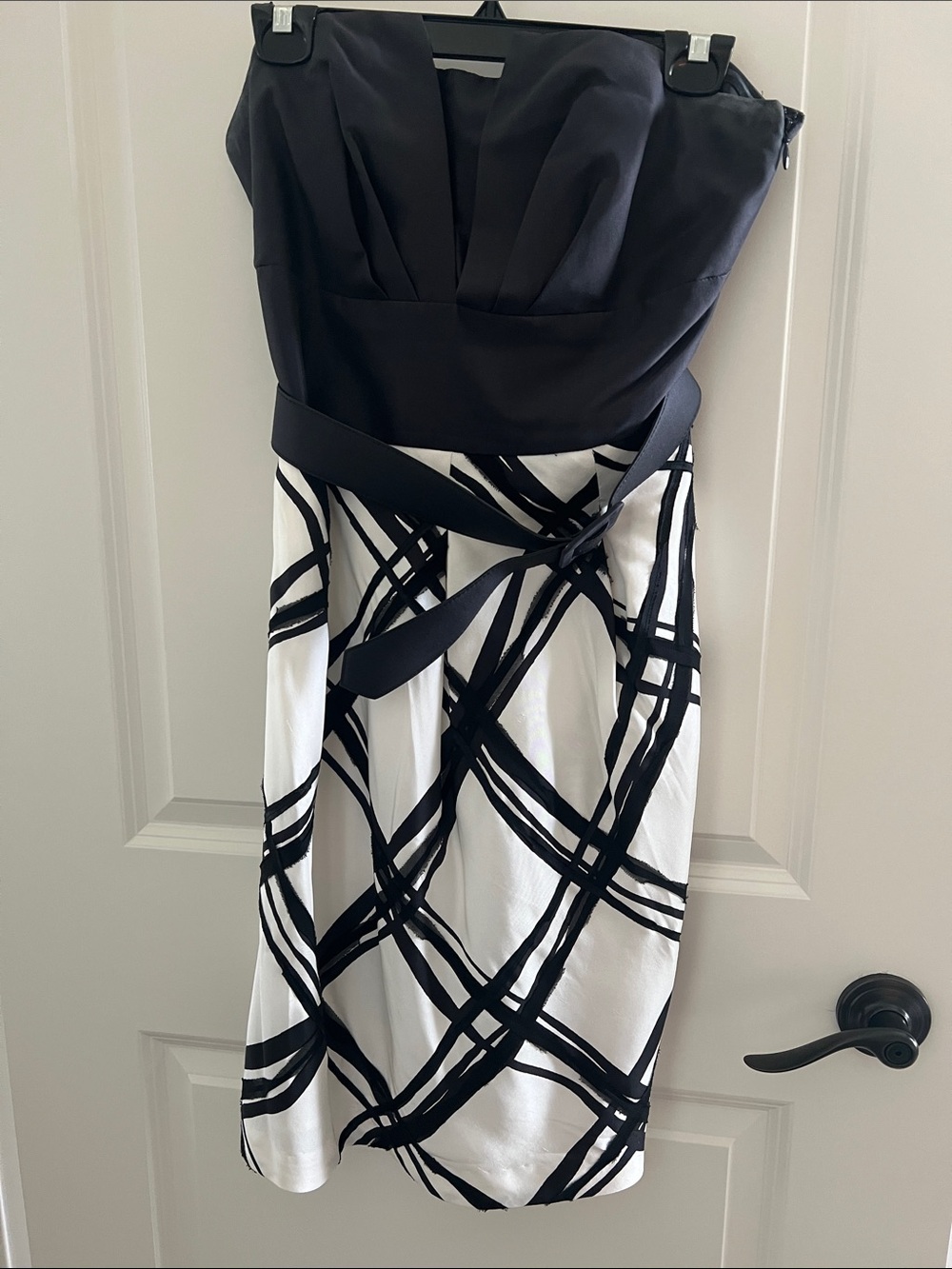 White House Black Market Black and White Strapless Belted Cocktail Dress